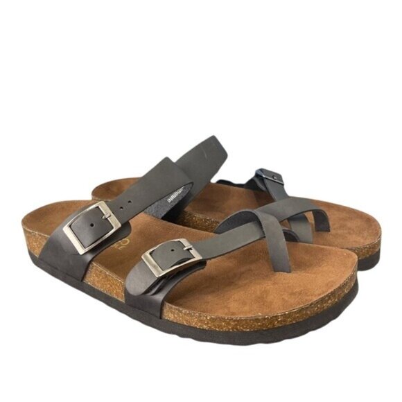 Mountain Sole Womens Black Leather Slip-On Sandals SZ 6 Comfy Adjustable Straps - Picture 1 of 9